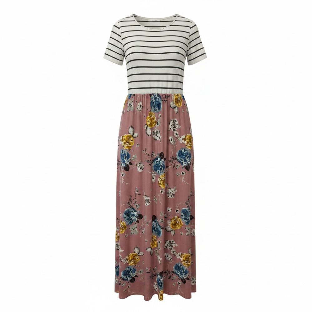Reborn J Women's Short Sleeve Striped Top Floral Skirt Maxi Dress with Pockets